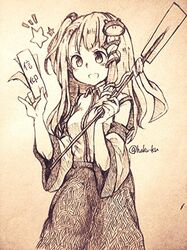  1girl artist_name detached_sleeves frog frog_hair_ornament hair_ornament kochiya_sanae long_hair monochrome open_mouth sketch smile snake snake_hair_ornament solo touhou traditional_media wadante 