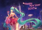  1girl 2015 aqua_eyes aqua_hair atdan bare_shoulders blimp confetti dirigible dress from_behind gloves happy_new_year hatsune_miku headset long_hair looking_at_viewer looking_back new_year night solo twintails very_long_hair vocaloid 