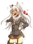  1girl amatsukaze_(kantai_collection) cowboy_shot embarrassed flying_sweatdrops garter_straps gloves hair_tubes hand_on_hip highres kantai_collection long_hair long_sleeves open_mouth outstretched_hand panties pantyshot sailor_collar see-through shinta_(the-mattyaman) silver_hair simple_background small_breasts solo thigh-highs trembling two_side_up underwear very_long_hair wavy_mouth white_background white_gloves windsock yellow_eyes 