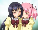  2girls akemi_homura black_hair blush cheek-to-cheek closed_eyes hairband hayashiya_zankurou kaname_madoka long_hair mahou_shoujo_madoka_magica multiple_girls pink_hair school_uniform short_hair short_twintails smile twintails 