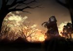  1girl bou_shaku brown_hair dark fate/stay_night fate_(series) highres house long_hair looking_back pleated_skirt scenery skirt sky solo standing star_(sky) thighhighs toosaka_rin tree twilight twintails wind 