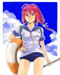  1girl clouds contrapposto hand_on_hip hiro_(chumo) i-168_(kantai_collection) innertube kantai_collection long_hair red_eyes redhead school_swimsuit school_uniform serafuku smile solo swimsuit swimsuit_under_clothes torpedo 