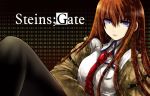  1girl absurdres belt blue_eyes brown_hair highres jacket long_hair makise_kurisu necktie pantyhose smile solo steins;gate 