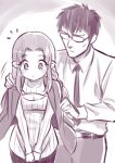  1boy 1girl blush breasts caster cleavage cleavage_cutout fate/stay_night fate_(series) glasses jacket_on_shoulders kase_daiki kuzuki_souichirou long_hair monochrome open-chest_sweater ribbed_sweater short_hair sketch sweater turtleneck 