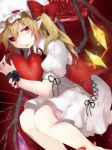  1girl ascot blonde_hair flandre_scarlet heart heart_pillow heterochromia hijiri-ssh looking_at_viewer lying mob_cap parted_lips pillow pillow_hug red_eyes side_ponytail smile solo tears touhou wings 