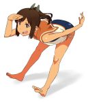  1girl akitetsu bare_legs barefoot brown_eyes brown_hair dark_skin i-401_(kantai_collection) jpeg_artifacts kantai_collection leaning_forward open_mouth ponytail sailor_collar school_swimsuit shading_eyes shadow simple_background solo swimsuit swimsuit_under_clothes white_background 