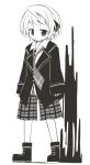  1girl ankle_boots boots collared_shirt cosplay cosplay_request hair_ribbon jacket jagabutter monochrome necktie plaid_shorts ribbon rumia short_hair shorts sleeves_past_wrists solo somber suit_jacket tagme touhou 