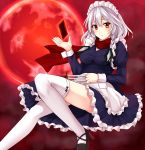  1girl braid card full_moon izayoi_sakuya knife looking_at_viewer maid maid_headdress minami_machi moon red_eyes red_moon short_hair silver_hair solo thigh-highs touhou twin_braids white_legwear 