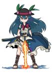  1girl blue_hair bow food fruit hashiro hat hinanawi_tenshi long_hair peach red_eyes sandals smile solo sword sword_of_hisou touhou weapon 