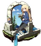  2girls amelie_planchard animal_ears ascot black_legwear blonde_hair blue_sky blush bunny_tail chibi clouds glasses grass holding house kinakomoti long_hair long_sleeves military military_uniform multiple_girls pantyhose perrine_h_clostermann pine_tree plant pot rabbit_ears sitting sky smile solo_focus strike_witches tail thigh-highs tree uniform vines water 