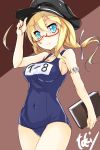  1girl aqua_eyes artist_name blonde_hair book brown_background covered_navel cowboy_shot glasses hair_ribbon hand_on_headwear hat highres holding i-8_(kantai_collection) kantai_collection looking_at_viewer name_tag peaked_cap red-framed_glasses ribbon school_swimsuit semi-rimless_glasses signature simple_background solo swimsuit toki/ under-rim_glasses 