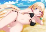  1girl absurdly_long_hair angela_balzac artist_request bare_shoulders beach bikini black_bikini blonde_hair blue_eyes breasts copyright_name earrings expelled_from_paradise front-tie_top jewelry long_hair low_twintails lying official_art on_side scan side-tie_bikini smile solo sparkle string_bikini swimsuit twintails under_boob very_long_hair 