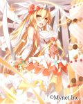  1girl :d blonde_hair blush breasts dress elbow_gloves falkyrie_no_monshou gloves long_hair looking_at_viewer official_art open_mouth orange_eyes smile solo sword takanashie veil very_long_hair weapon white_gloves 