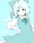  (9) 1girl blue_eyes blue_hair bow cirno dress hair_bow hands_on_hips ice ice_wings ribbon short_hair smile solo touhou wadante wings 