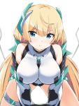  1girl all_fours angela_balzac aqua_eyes blonde_hair breasts engiyoshi expelled_from_paradise headgear highres long_hair looking_at_viewer smile solo 