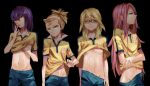  4boys black_background blonde_hair cowboy_shot green_eyes hairband hayabusa_hideki hoshifuru_kaguya inazuma_eleven_(series) inazuma_eleven_go junekun kita_ichiban lightning_bolt long_hair looking_at_viewer male_focus multiple_boys navel nishinosora_yoichi purple_hair purple_lips raimon raimon_soccer_uniform redhead shirt_lift shorts shorts_pull simple_background soccer_uniform sportswear sunglasses very_long_hair 