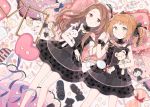  2girls bare_shoulders black_dress brown_eyes brown_hair candy character_doll cushion dress expressionless glowing glowing_eyes gomi_chiri gothic_lolita green_eyes holding_hands idolmaster idolmaster_2 lolita_fashion long_hair looking_at_another looking_to_the_side lying matching_outfit minase_iori multiple_girls object_hug on_back orange_hair short_dress short_twintails takatsuki_yayoi twintails wavy_hair wrist_cuffs 