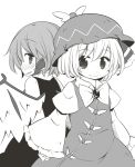  2girls bird_wings blush bowtie brooch cosplay costume_switch dress hair_ribbon jagabutter jewelry looking_at_viewer looking_back mob_cap monochrome multiple_girls mystia_lorelei puffy_sleeves ribbon rumia short_hair sleeves_past_wrists touhou wide_sleeves winged_hat wings 