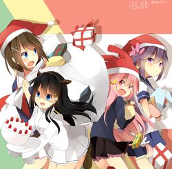  4girls :o akebono_(kantai_collection) artist_request black_hair blue_eyes blush box brown_hair cake dated fang female_admiral_(kantai_collection) food gift gift_box hat kantai_collection maya_(kantai_collection) multiple_girls pink_eyes pink_hair purple_hair sack santa_hat twitter_username uzuki_(kantai_collection) violet_eyes 