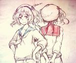  2girls alternate_color anchor_hair_ornament arms_behind_back artist_name dual_persona hands_on_hips hat kitashirakawa_chiyuri monochrome multiple_girls neckerchief player_2 sailor sailor_collar sailor_hat short_hair sketch smile spot_color touhou touhou_(pc-98) traditional_media twintails wadante 