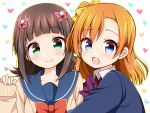  2girls :d amami_haruka blazer blue_eyes blush brown_hair cardigan crossover green_eyes hug idolmaster kousaka_honoka love_live!_school_idol_project multiple_girls open_mouth school_uniform serafuku smile trait_connection tsukudani_norio 