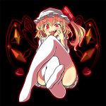  1girl ascot blonde_hair blush flandre_scarlet hat looking_at_viewer oimo_(imoyoukan) open_mouth red_eyes short_hair side_ponytail skirt smile solo thigh-highs touhou white_legwear wings 