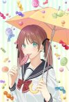  1girl brown_hair candy green_eyes highres kosagi_midori original school_uniform solo twintails two_side_up umbrella 