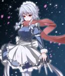  1girl apron blue_dress braid breasts dress frilled_dress frills izayoi_sakuya knives_between_fingers light_smile long_sleeves maid maid_apron maid_headdress night pantyhose petals puffy_long_sleeves puffy_sleeves red_eyes scarf silver_hair snowing solo tendo touhou twin_braids white_legwear wind wrist_cuffs 