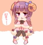  1girl alternate_costume bow braid hair_bow hair_ribbon horns long_hair looking_at_viewer marshmallow_mille mukyuu patchouli_knowledge purple_hair ribbon sheep_horns sitting solo touhou translated twin_braids v_arms violet_eyes 