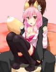  1boy 1girl animal_ears black_legwear blush bra breasts caster_(fate/extra) casual cleavage collarbone fate/extra fate_(series) fox_ears fox_tail kishinami_hakuno_(male) large_breasts looking_at_viewer open_clothes open_mouth open_shirt pink_bra pink_hair sitting tail totororo underwear yellow_eyes 