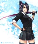  1girl :d ahoge black_hair black_legwear character_name din_(raiden) eyepatch fingerless_gloves gloves hand_on_hip kantai_collection looking_at_viewer necktie open_mouth over_shoulder short_hair skirt smile solo sword tenryuu_(kantai_collection) thigh-highs weapon yellow_eyes zettai_ryouiki 