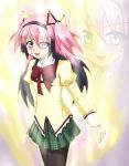  1girl akemi_homura aura black_hair blush fusion hairband hayashiya_zankurou heterochromia kaname_madoka long_hair mahou_shoujo_madoka_magica open_mouth pantyhose pink_eyes pink_hair school_uniform short_hair short_twintails smile solo twintails violet_eyes 