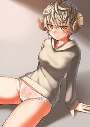  1girl arm_support blush breasts goat_eyes grey_hair highres hoodie horns lace_panties looking_at_viewer no_pants panties seramikku sheep_horns short_hair solo underwear white_panties yellow_eyes 