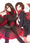  2girls black_legwear brown_eyes brown_hair cape cosplay costume_switch cowboy_shot from_behind grey_hair hair_ornament hews_hack highres kagerou_project long_hair looking_at_viewer multiple_girls pantyhose pointing pointing_at_self ruby_rose rwby scarf skirt smile solo tateyama_ayano 