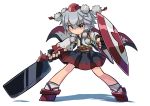  1girl alternate_costume animal_ears detached_sleeves hashiro hat inubashiri_momiji japanese_clothes kourindou_tengu_costume leaf maple_leaf obi red_eyes ribbon sash shield short_hair silver_hair solo sword tokin_hat touhou weapon wolf_ears 