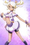  1girl bike_shorts blonde_hair boots bright_pupils crop_top expressionless knee_boots magical_girl manji_(tenketsu) midriff navel original pointy_ears pose precure purple_background short_hair short_twintails shorts_under_skirt skirt solo twintails white_background wrist_cuffs yellow_eyes 