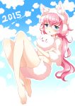  animal_costume barefoot blue_eyes blush clouds highres hug long_hair looking_at_viewer midriff navel original pink_hair sheep sheep_costume sky zinczinc_ka 