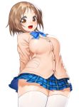  1girl :d arms_behind_back blush breasts brown_eyes brown_hair cardigan flower idolmaster idolmaster_cinderella_girls large_breasts mimura_kanako onsoku_maru open_mouth plaid plaid_skirt plump school_uniform short_hair skindentation skirt smile solo sweater thigh-highs white_legwear 