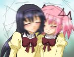  2girls akemi_homura black_hair blush cheek-to-cheek closed_eyes hairband hayashiya_zankurou kaname_madoka long_hair mahou_shoujo_madoka_magica multiple_girls pink_hair school_uniform short_hair short_twintails smile twintails 