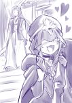  1girl 2boys arm_hug assassin_(fate/stay_night) blush caster fate/stay_night fate_(series) heart hood kase_daiki kuzuki_souichirou monochrome multiple_boys sketch 