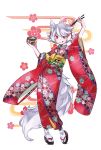  1girl alternate_costume animal_ears arm_up bowl chopsticks floral_print flower hair_flower hair_ornament happy_new_year highres inubashiri_momiji japanese_clothes kimono licking_lips long_sleeves namauni new_year obi pink_eyes sash silver_hair smile solo tail touhou wide_sleeves wolf_ears wolf_tail 