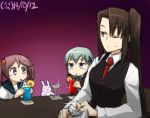  3girls aqua_hair bartender blush brown_eyes brown_hair dated drinking drinking_straw hair_bobbles hair_ornament hamu_koutarou kantai_collection long_hair martini multiple_girls nachi_(kantai_collection) necktie one_eye_closed pink_hair rabbit sazanami_(kantai_collection) side_ponytail suzuya_(kantai_collection) twintails 