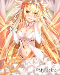  +_+ 1girl bare_arms blonde_hair breasts bridal_gauntlets cleavage detached_collar dress falkyrie_no_monshou food food_on_face fork gloves hand_to_own_mouth long_hair looking_at_viewer navel official_art orange_eyes solo takanashie two_side_up veil very_long_hair white_gloves wings 