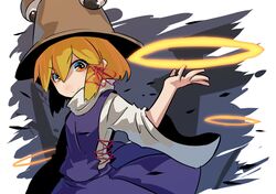  1girl blonde_hair hair_ribbon hashiro hat moriya&#039;s_iron_rings moriya_suwako ribbon short_hair smile solo touhou yellow_eyes 