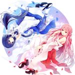  2girls blue_eyes blue_hair detached_sleeves highres hiiragisouren long_hair multiple_girls open_mouth original petals pink_eyes pink_hair smile very_long_hair 