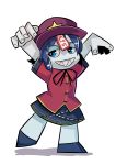  1girl blue_eyes blue_hair chibi grin hashiro hat jiangshi miyako_yoshika ofuda outstretched_arms short_hair skirt smile solo star touhou 