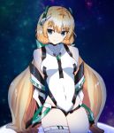  1girl angela_balzac bare_shoulders black_gloves blonde_hair blue_eyes breasts expelled_from_paradise gasmotin_roby gloves leotard long_hair smile solo twintails very_long_hair 