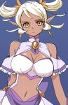  1girl blonde_hair blue_background brooch cleavage_cutout earrings expressionless jewelry magical_girl manji_(tenketsu) midriff navel original pointy_ears precure short_hair short_twintails solo tan twintails yellow_eyes 