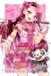  1girl 2015 81_(mellowry) alternate_eye_color brown_hair crossover dress gloves hair_ribbon happy_new_year idol idolmaster idolmaster_2 leaf long_hair looking_at_viewer microphone minase_iori mouth_hold new_year open_mouth pancham pink_dress pink_eyes pokemon pokemon_(anime) pokemon_(creature) ribbon singing solo sunglasses sunglasses_on_head 