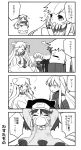  4girls 4koma aircraft_carrier_oni airplane comic covered_mouth dress gauntlets horns japanese_clothes kantai_collection kariginu long_hair magatama midway_hime mittens monochrome multiple_girls northern_ocean_hime open_mouth ryuujou_(kantai_collection) shinkaisei-kan suzune_kotora translation_request visor_cap 